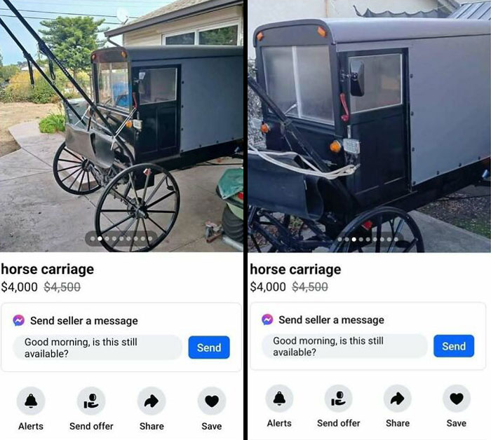 Carruaje antiguo a la venta en Facebook Marketplace, uno de los objetos raros encontrados publicitados en línea.