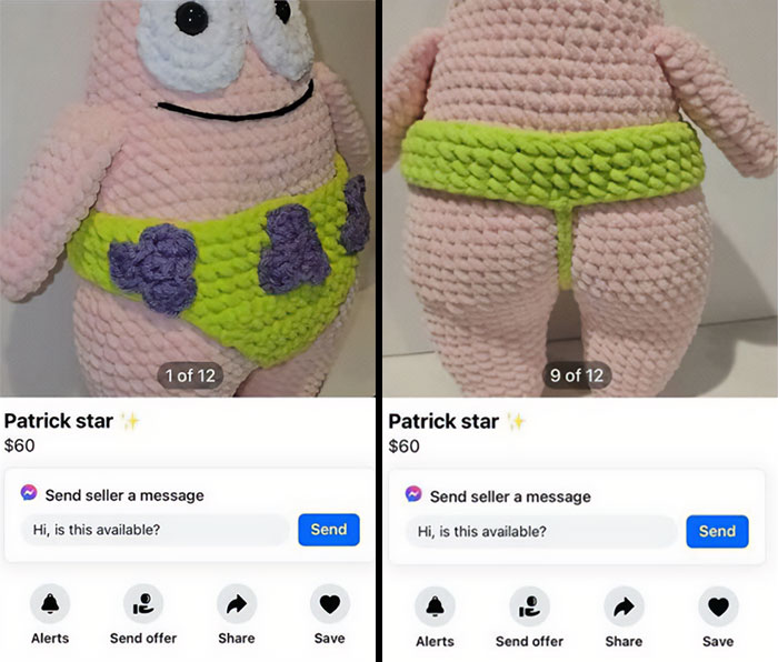 Muñeco tejido de Patrick Star a la venta en Facebook Marketplace, una de las cosas raras encontradas en la plataforma.