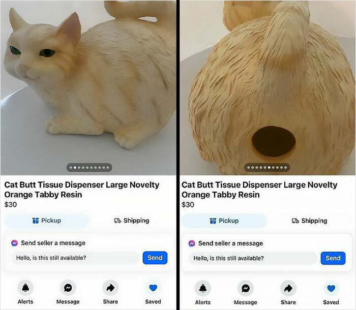 Figura de gato expositor de pañuelos raro a la venta en Facebook Marketplace entre cosas curiosas encontradas online.