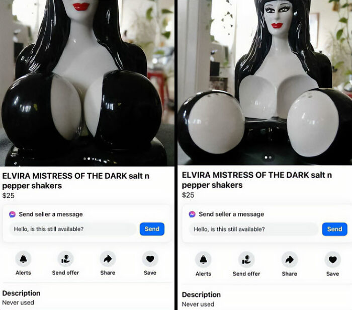 Figurilla Elvira Mistress of the Dark como salero y pimentero raro encontrado a la venta en Facebook Marketplace.