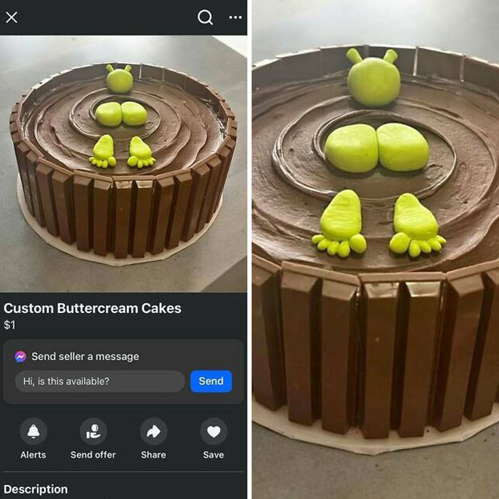 Tarta de chocolate con diseño raro de figura verde, una de las cosas raras que la gente encontró en Facebook Marketplace.