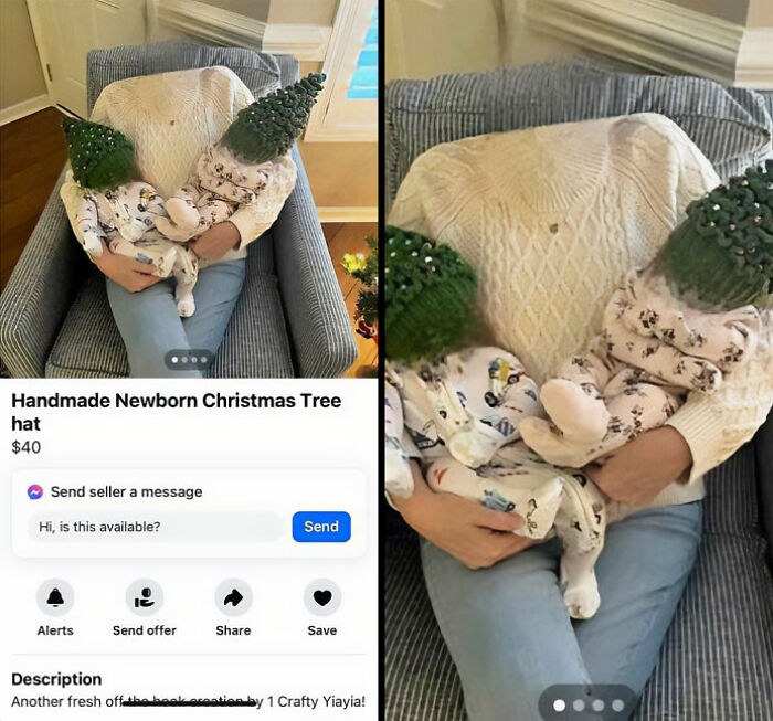 Persona sentada con dos bebés y gorros de árbol de Navidad hechos a mano en venta en Facebook Marketplace, cosas raras encontradas.