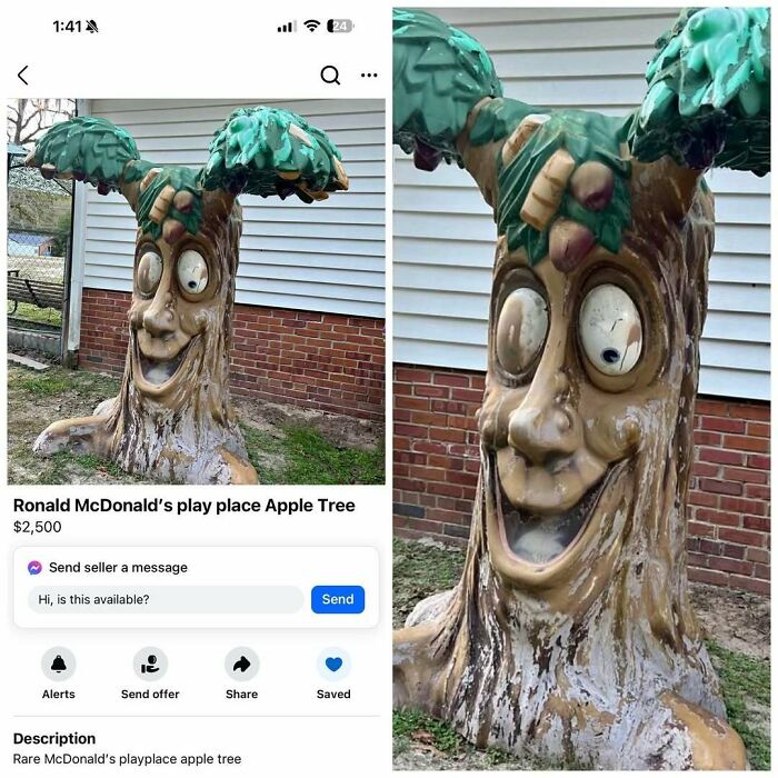 Escultura de árbol con rostro sonriente a la venta, pieza rara encontrada en Facebook Marketplace.