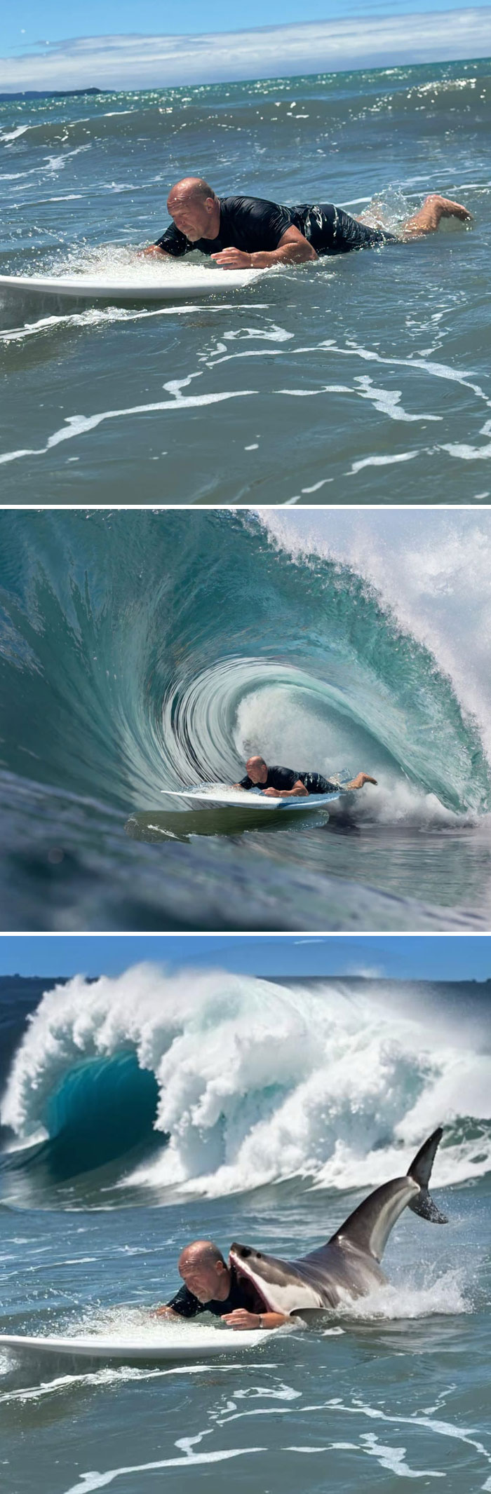 Mi marido está aprendiendo a surfear - ¡Tiene 57 años! Por favor, ¿podríais hacer que la ola de detrás parezca impresionante para que pueda presumir ante sus amigos?