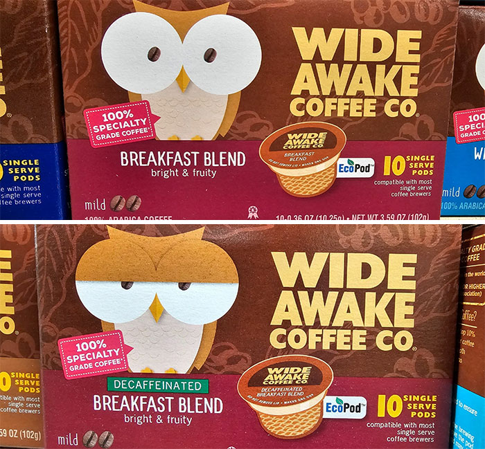 El búho en un paquete de café normal y en uno descafeinado
