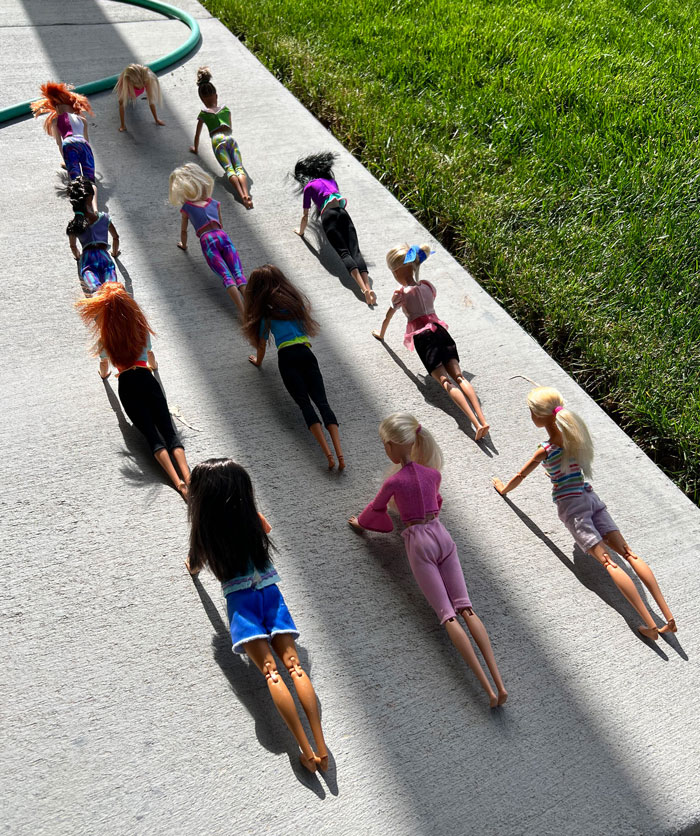 A mi hija de 10 años le encanta poner a sus Barbies en escenarios elaborados. Esta fue la escena en nuestro patio trasero el otro día. Estas señoras han estado así durante horas.