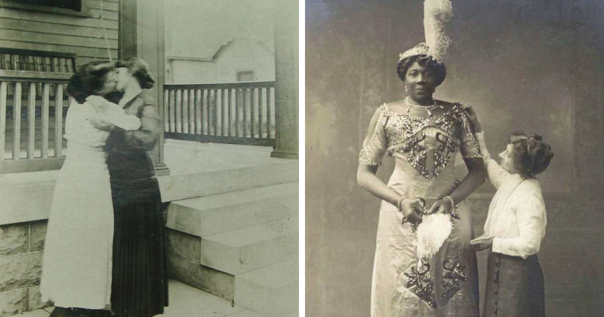 Pareja besu00e1ndose y mujer con vestuario elegante de u00e9poca victoriana mostrando diversidad y moda antigua.
