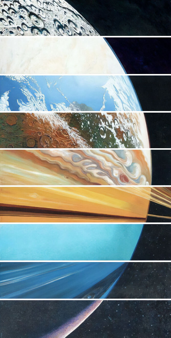 Imágenes surrealistas de planetas con detalles sorprendentes y colores vibrantes en un espacio profundo y oscuro.