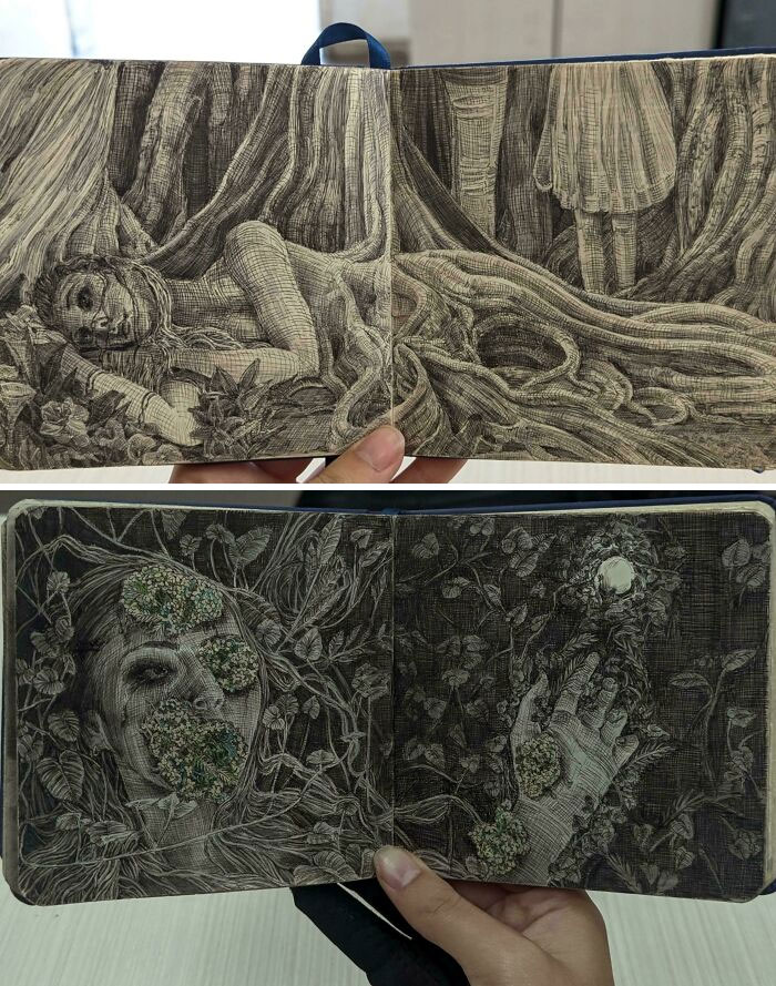Dibujos en cuadernos con surrealismo mostrando figuras humanas fusionadas con raíces y plantas detalladas.