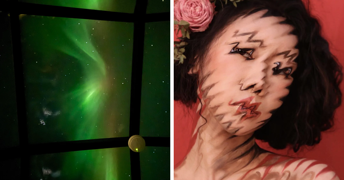 Auroras boreales vistas desde una ventana y retrato con rostro distorsionado en estilo surrealista femenino.