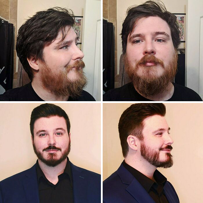 Hombre antes y después de cambio de look en peluquería con corte y arreglo de barba mostrando transformación total.