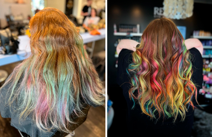 Mujer con cambio de look en peluquería, mostrando cabello largo con suaves y vibrantes colores arcoíris.