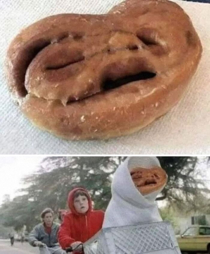 Rosquilla con rostro humano en escena famosa de película, resaltando las imágenes raras que impactan por su creatividad.