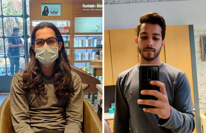 Hombre antes y después de un cambio de look en peluquería mostrando transformación total de estilo y peinado.