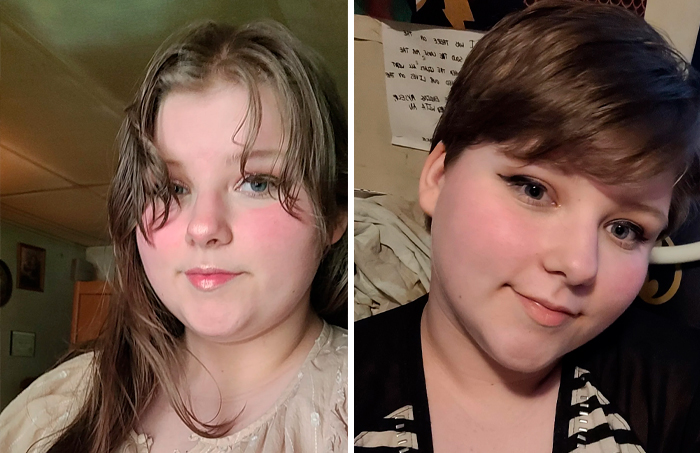 Transformación de persona con cambio de look en peluquería, mostrando antes y después con corte de cabello moderno.