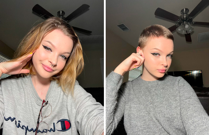 Mujer con cambio de look radical tras peluquería, mostrando transformación sorprendente con cabello largo y luego corto.