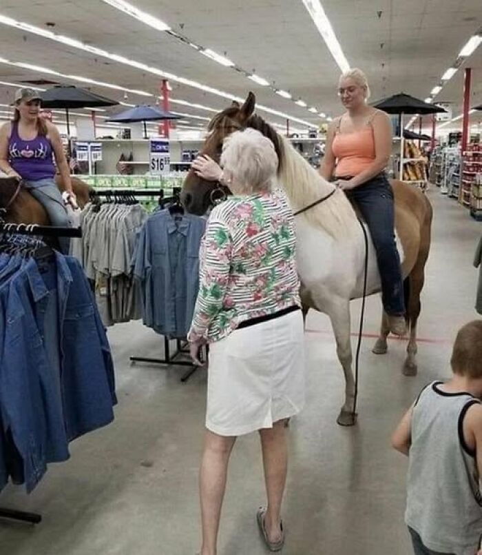Clientes montando caballos dentro de una tienda, escena poco común en un entorno de compras.
