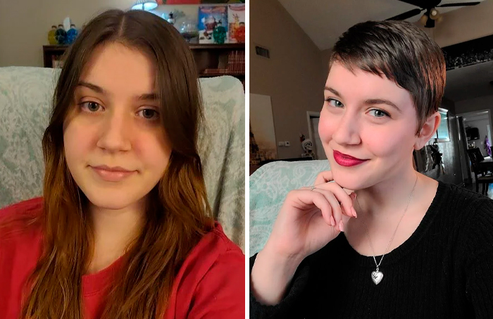 Persona con cambio de look radical tras ir a la peluquería, mostrando transformación de cabello largo a corto estilo pixie.