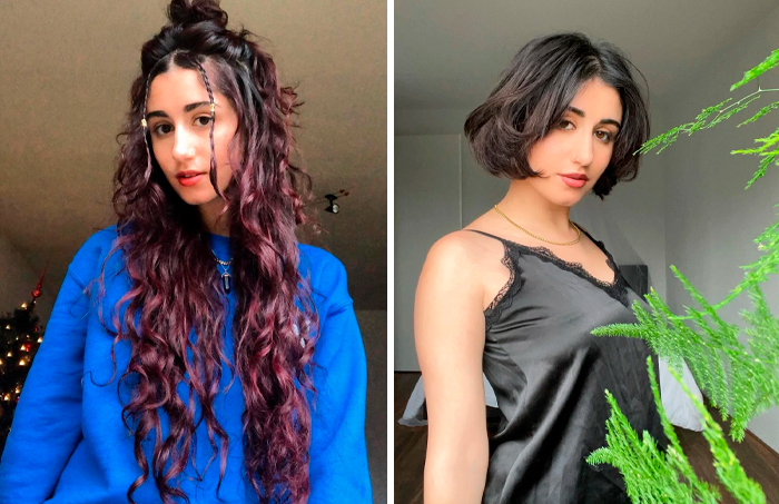 Antes y después de una transformación en la peluquería mostrando un cambio de peinado y estilo radical.