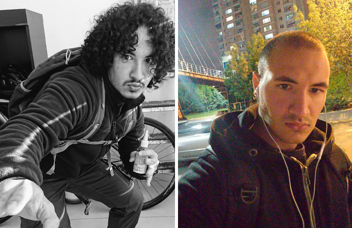 Hombre antes y después de ir a la peluquería con un cambio radical de cabello y estilo personal en ciudad de noche.