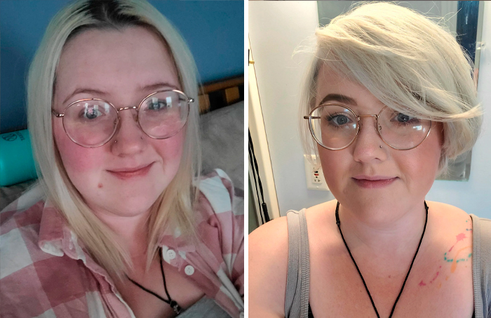 Persona con gafas mostrando cambio de estilo después de ir a la peluquería, transformación destacada y diferente.