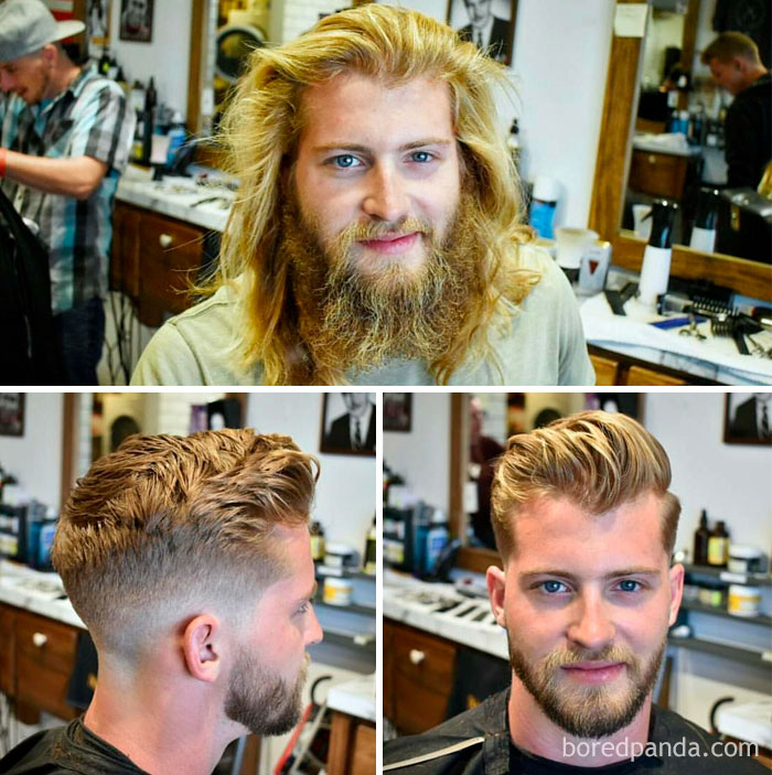 Hombre mostrando un cambio radical de look en la peluquería con corte de cabello moderno y barba arreglada.