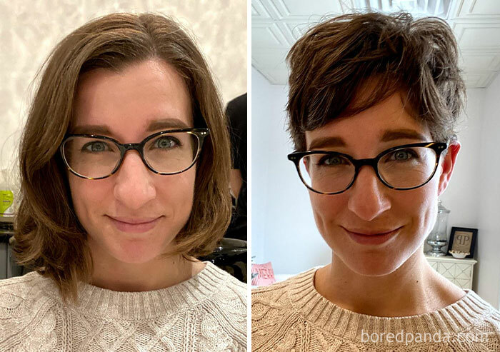 Mujer con gafas antes y después de un cambio de look radical en la peluquería, mostrando transformación total.
