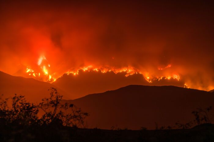 Incendio forestal nocturno iluminando montañas y cielo naranja mostrando datos sorprendentes sobre la naturaleza y el planeta.
