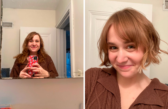 Mujer con cambio de imagen en la peluquería mostrando un corte de cabello corto y rubio con sonrisa confiada.