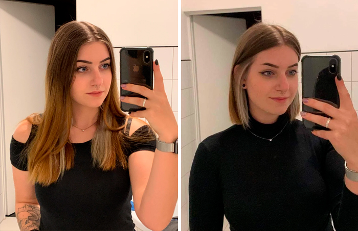 Mujer con cambio de look radical tras corte de cabello en peluquería, mostrando transformación notable y moderna.