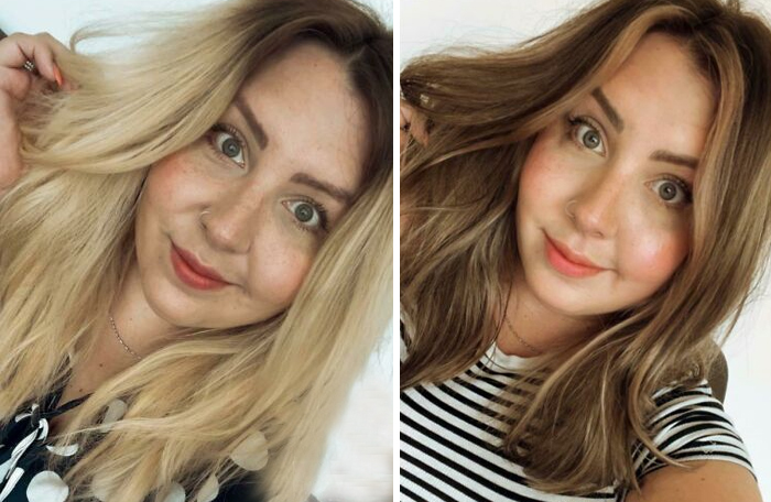 Mujer con cambio de look en la peluquería, transformación notable en el color y estilo de su cabello.