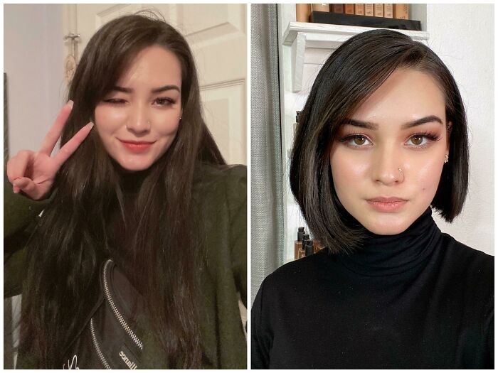 Mujer mostrando cambio de look radical tras ir a la peluquería con corte de cabello corto y estilo diferente.