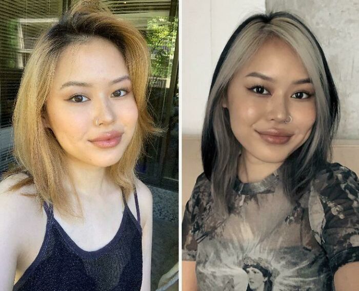Cambio radical de look en peluquería con nuevo corte y color de cabello, mostrando transformación total en estilo personal.