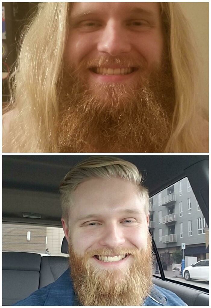 Transformación en peluquería mostrando cambio notable en peinado y estilo de barba de hombre sonriente en dos fotos.