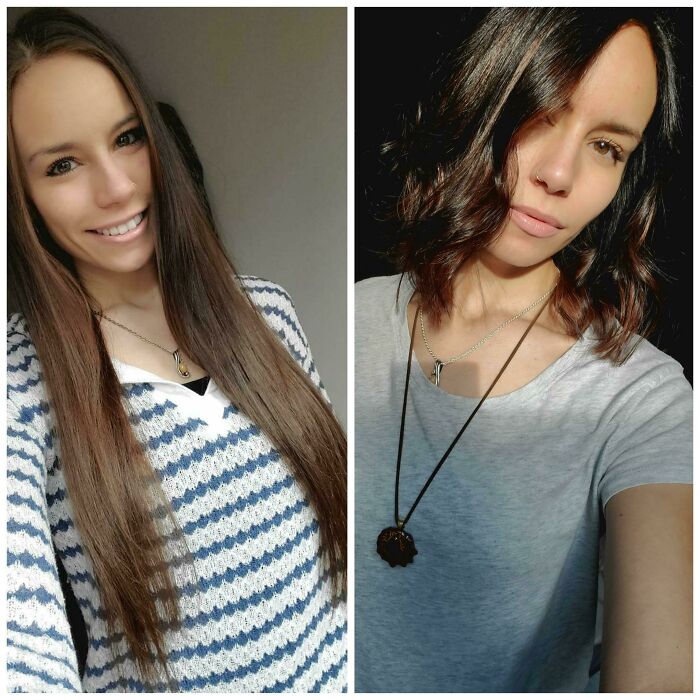 Antes y después del cambio radical de look en la peluquería mostrando transformación total de estilo y corte de cabello.