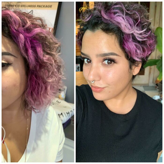 Transformación de persona con cambio de look en peluquería mostrando nuevo corte y tinte morado en cabello rizado corto.