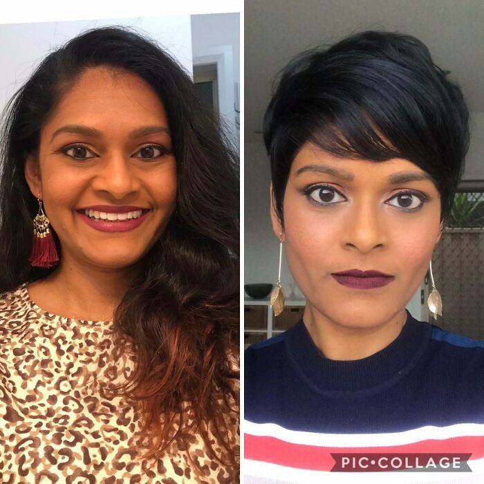 Mujer con cambio de look radical tras visita a la peluquería, mostrando transformación de estilo y corte de cabello.