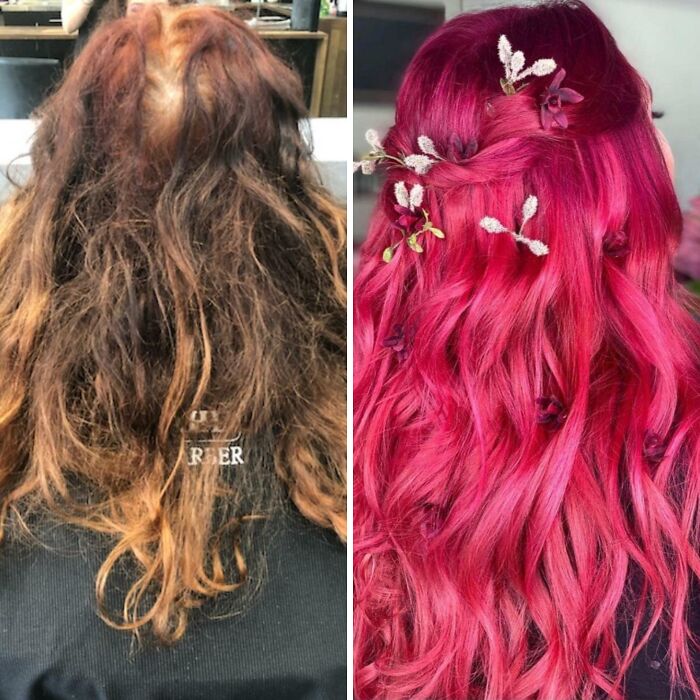 Transformación de cabello después de la peluquería, con cambio radical de color y estilo, mostrando un antes y después.