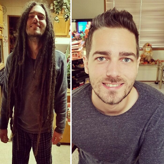 Antes y después de un hombre con cambio radical en la peluquería, mostrando transformación total en su look y estilo personal.