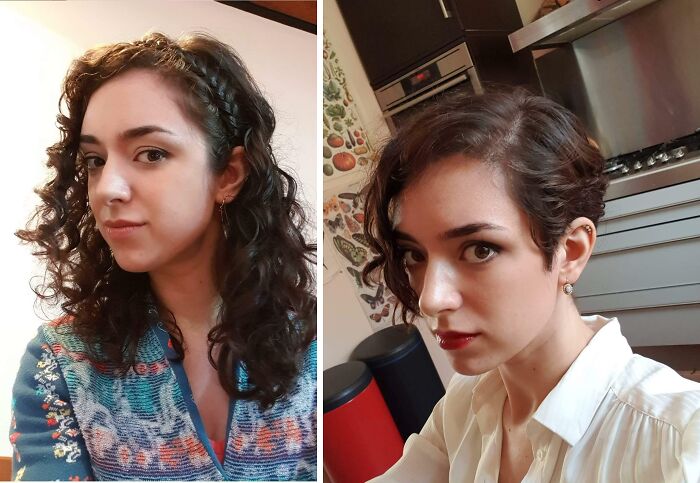 Mujer con cambio de look radical tras ir a la peluquería, mostrando transformación y estilo diferente.