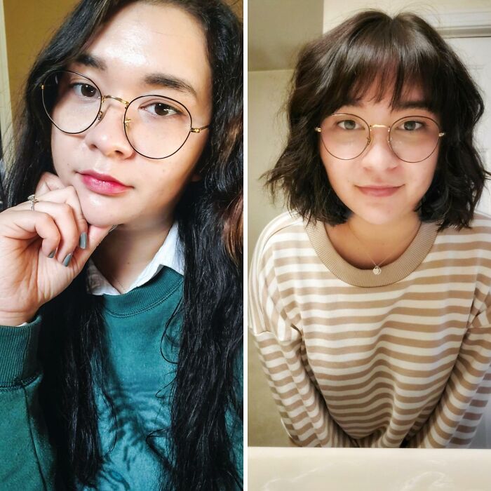 Mujer con cambio de look radical tras visitar la peluquería, mostrando una transformación sorprendente.