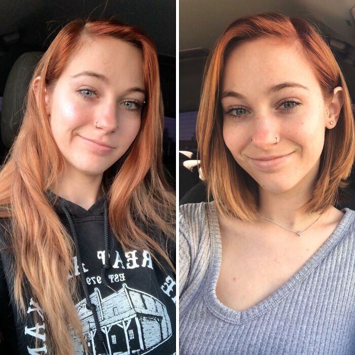 Mujer joven con cambio de look radical tras visitar la peluquería, mostrando un corte de cabello moderno y diferente.