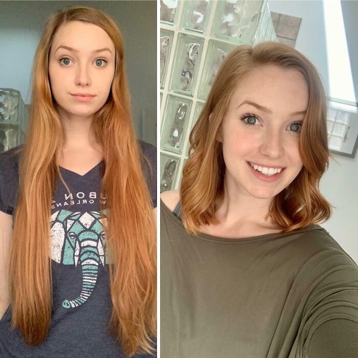 Mujer joven con cambio de look en peluquería, mostrando transformación total con corte y peinado diferente.