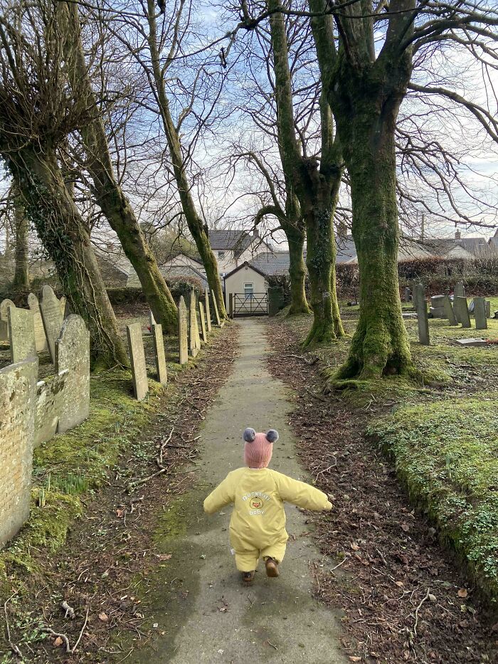 Niño pequeño caminando por sendero entre árboles y lápidas, momento precioso de paternidad real y divertido.