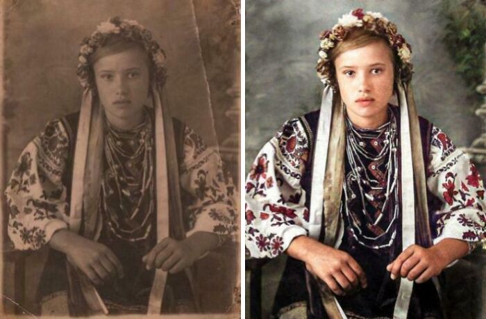 Hermosa chica ucraniana en traje nacional, 1935. Foto antes y después de la restauración