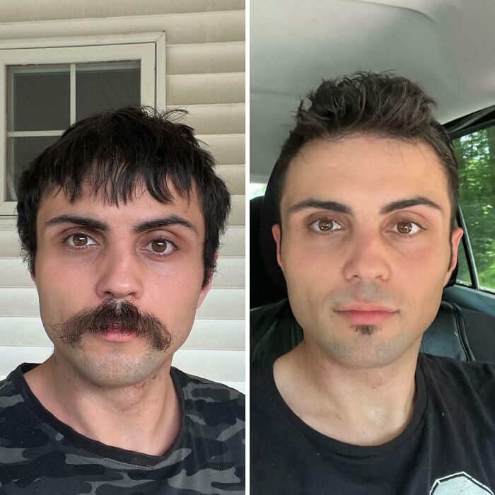 Hombre antes y después de peluquería con cambio radical en barba y corte de cabello, demostrando transformación total.