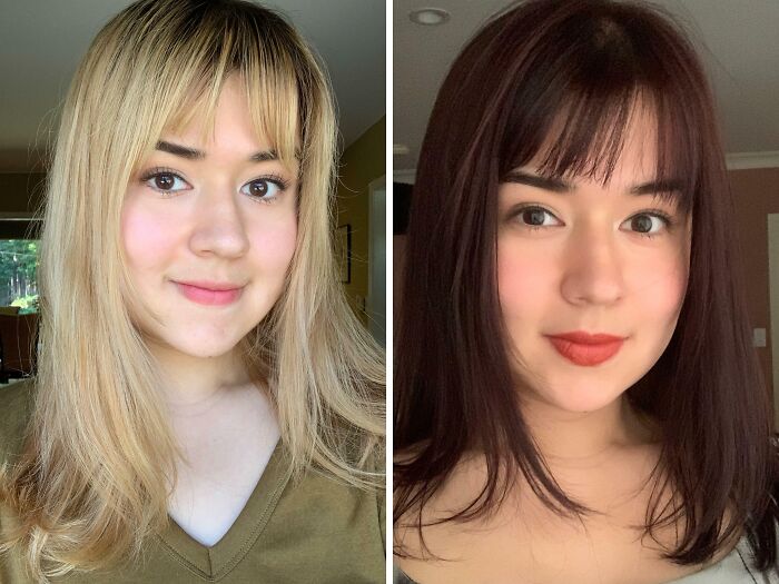 Mujer con cambio de look en peluquería, antes con cabello rubio y después con nuevo color castaño oscuro.