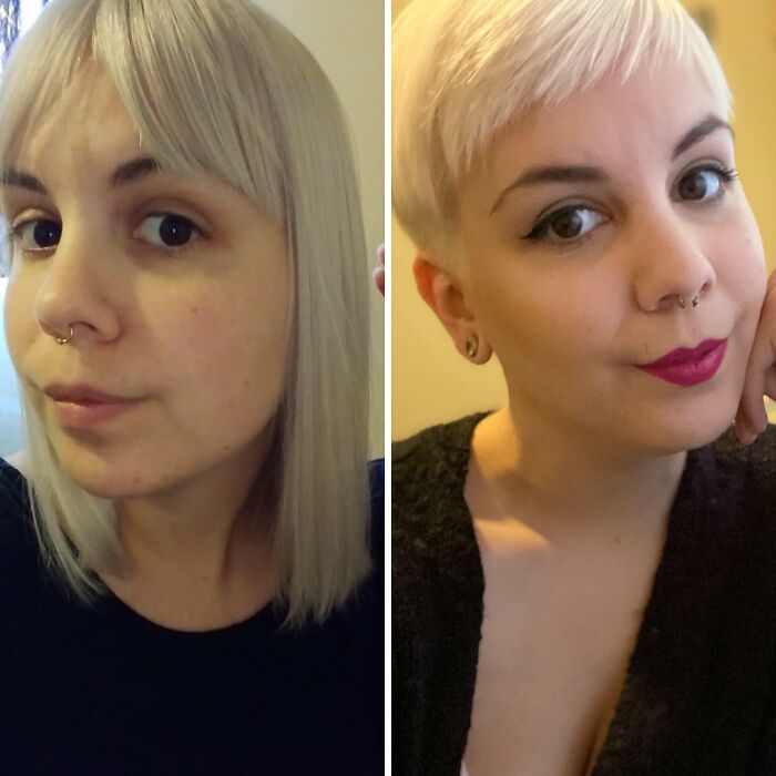 Cambio de look radical tras ir a la peluquería, mostrando transformación con corte y estilo de cabello corto y rubio.