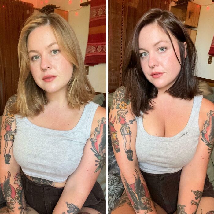 Mujer con tatuajes antes y después de un cambio de look en la peluquería con nuevo color y estilo de cabello.