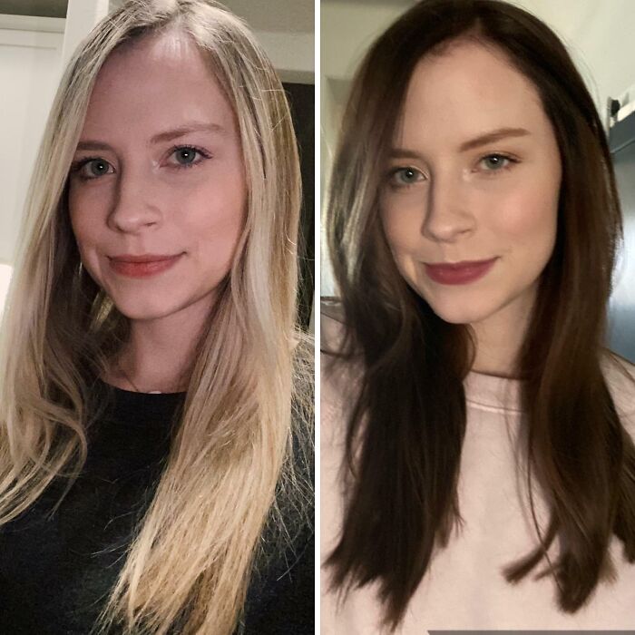 Mujer con cambio de imagen en peluquería mostrando transformación de cabello rubio a castaño oscuro con estilo renovado.